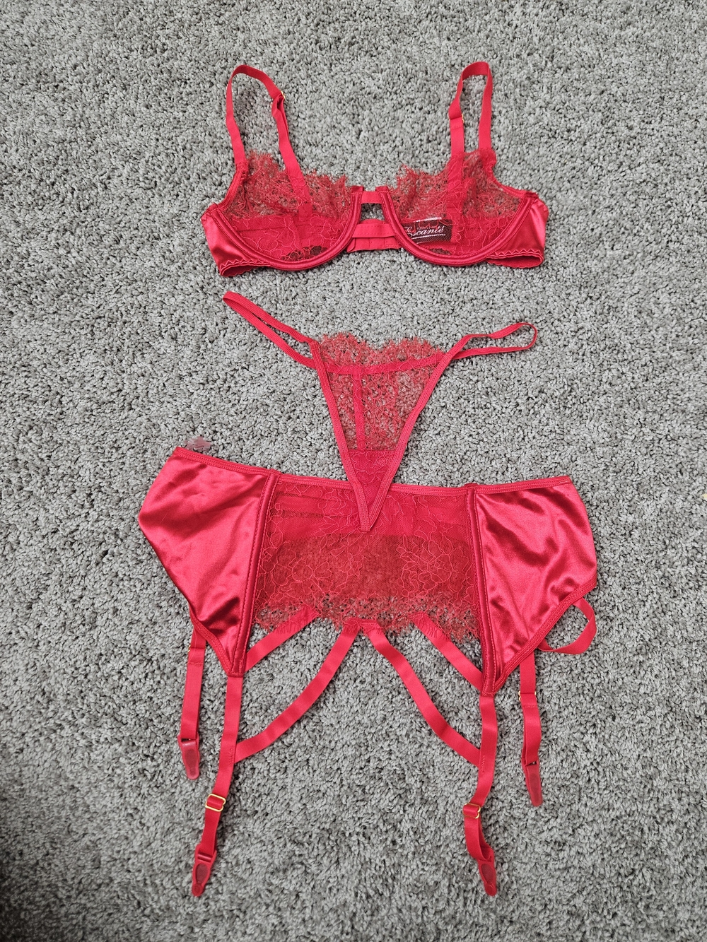 Red Lace & Satin Three-Piece Lingerie Set